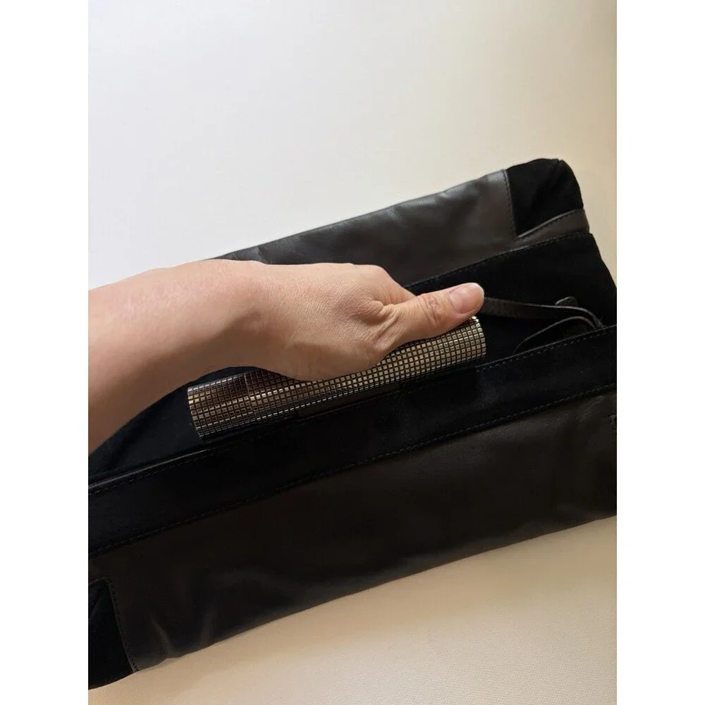 Devi Kroell Black Leather Suede Foldover Clutch Bag Purse Evening Cocktail Italy